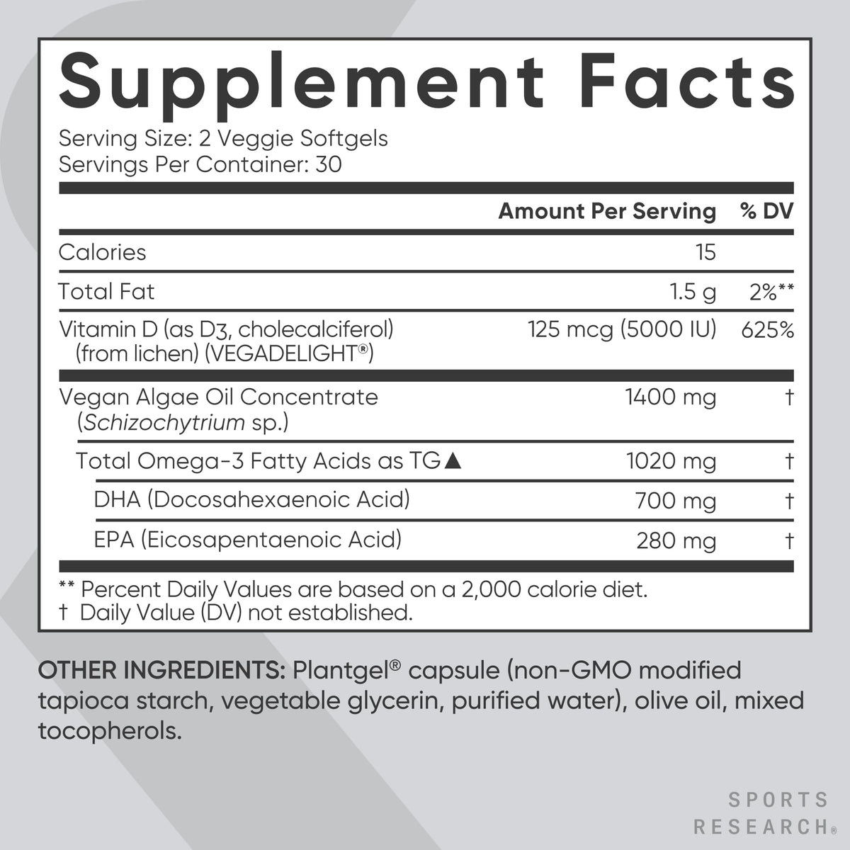 Sports Research Vegan Omega-3 Algae Oil 1400mg with D3 5000IU - 60 Softgels - image 5