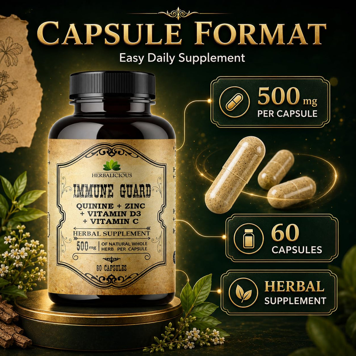 HERBALICIOUS Quinine Capsules 500mg with Vitamin C, D3 & Zinc - 60 Capsules - image 3