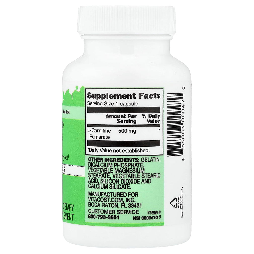 Vitacost L-Carnitine Fumarate 500 mg - 60 Capsules - image 2