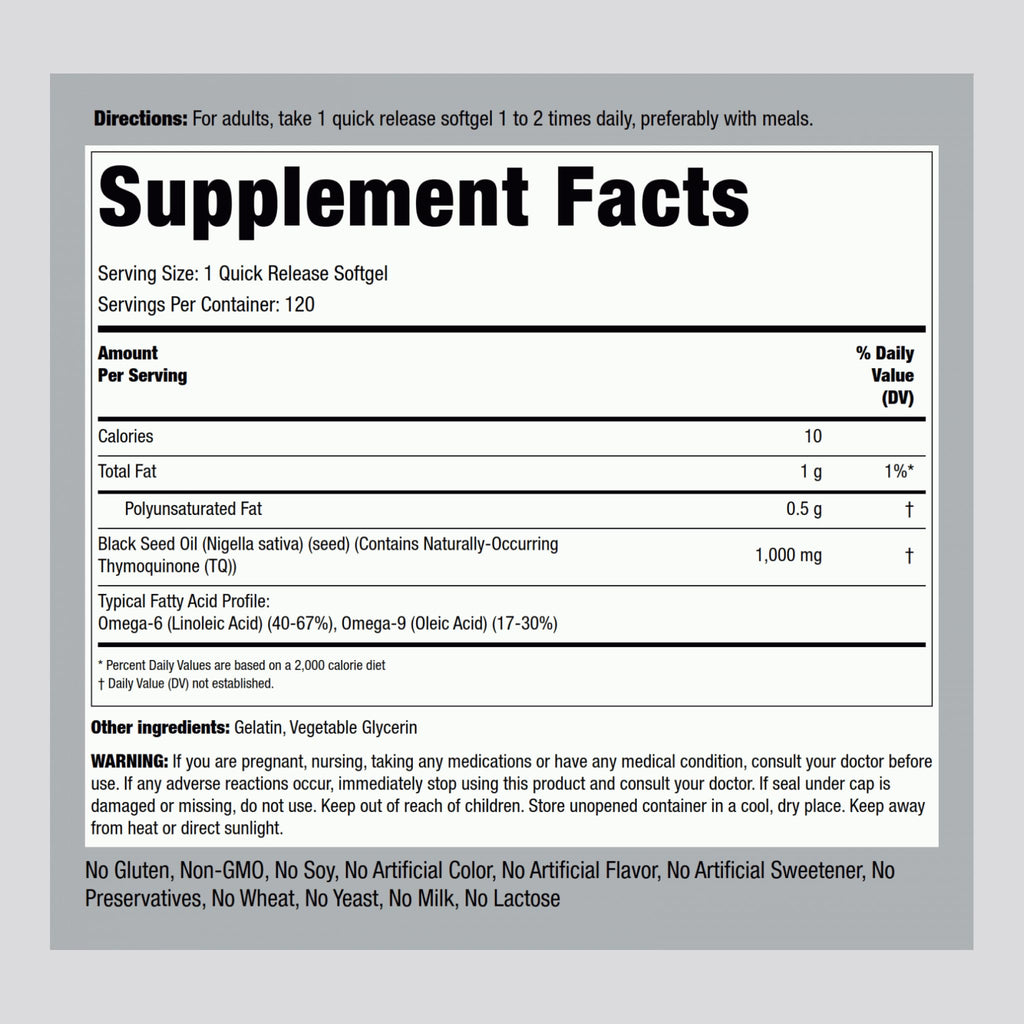 Piping Rock Black Seed Oil 1000mg - 120 Softgels - image 2