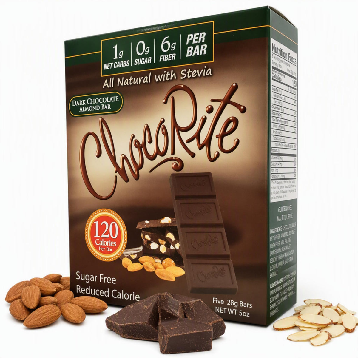 ChocoRite Dark Chocolate Almond Bars Sugar-Free - 5 Ounce
