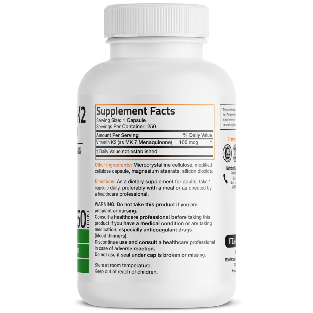 Bronson Flavored Vitamin K2 Capsules Support Strong Bones 100Mcg Adult