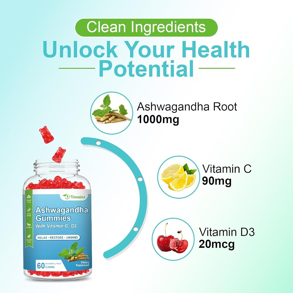 VZOXAINS Ashwagandha Gummies with Vitamin D & C - 120 Count - image 2