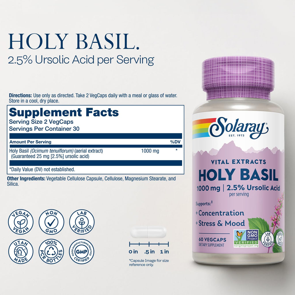 SOLARAY Holy Basil 1000 mg Adaptogen for Stress & Focus - 30 Servings - image 2