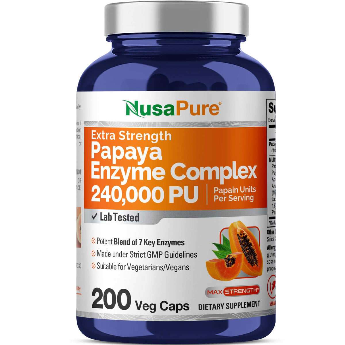 NusaPure Papaya Enzyme 240,000 PU Vegan - 200 Capsules
