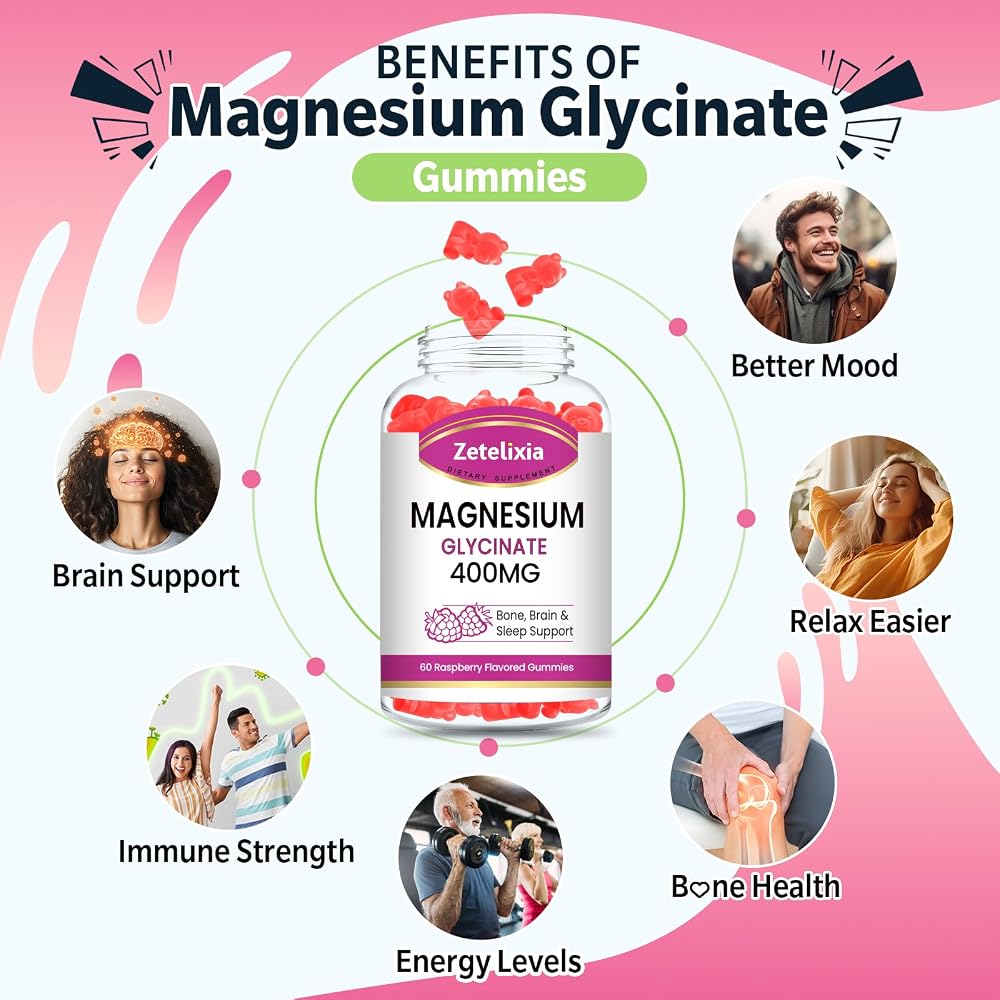 Zetelixia Magnesium Glycinate Gummies, Raspberry Flavor, 60 Count