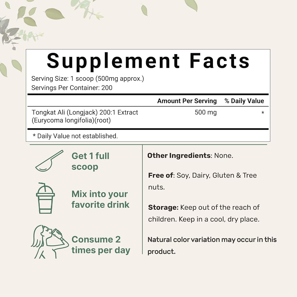 Micro Ingredients Tongkat Ali 200:1 Extract Powder for Men - 100g - image 2
