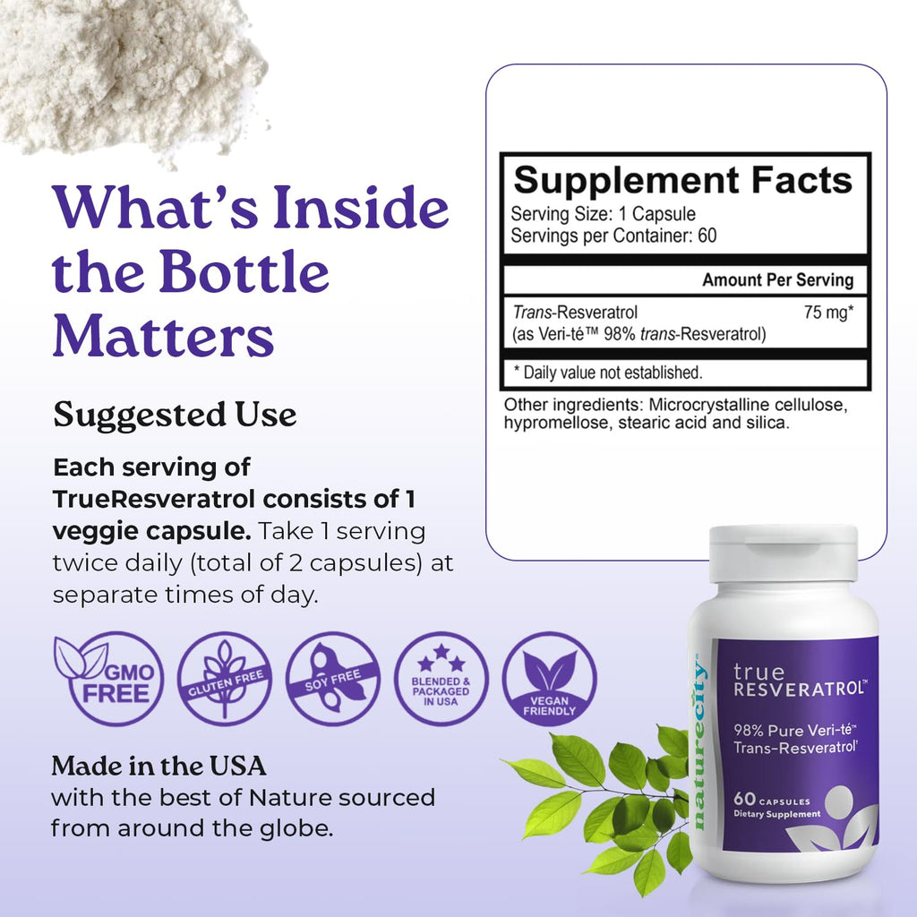 NatureCity TrueResveratrol 75mg Trans-Resveratrol - 60 Vegetarian Capsules - image 7