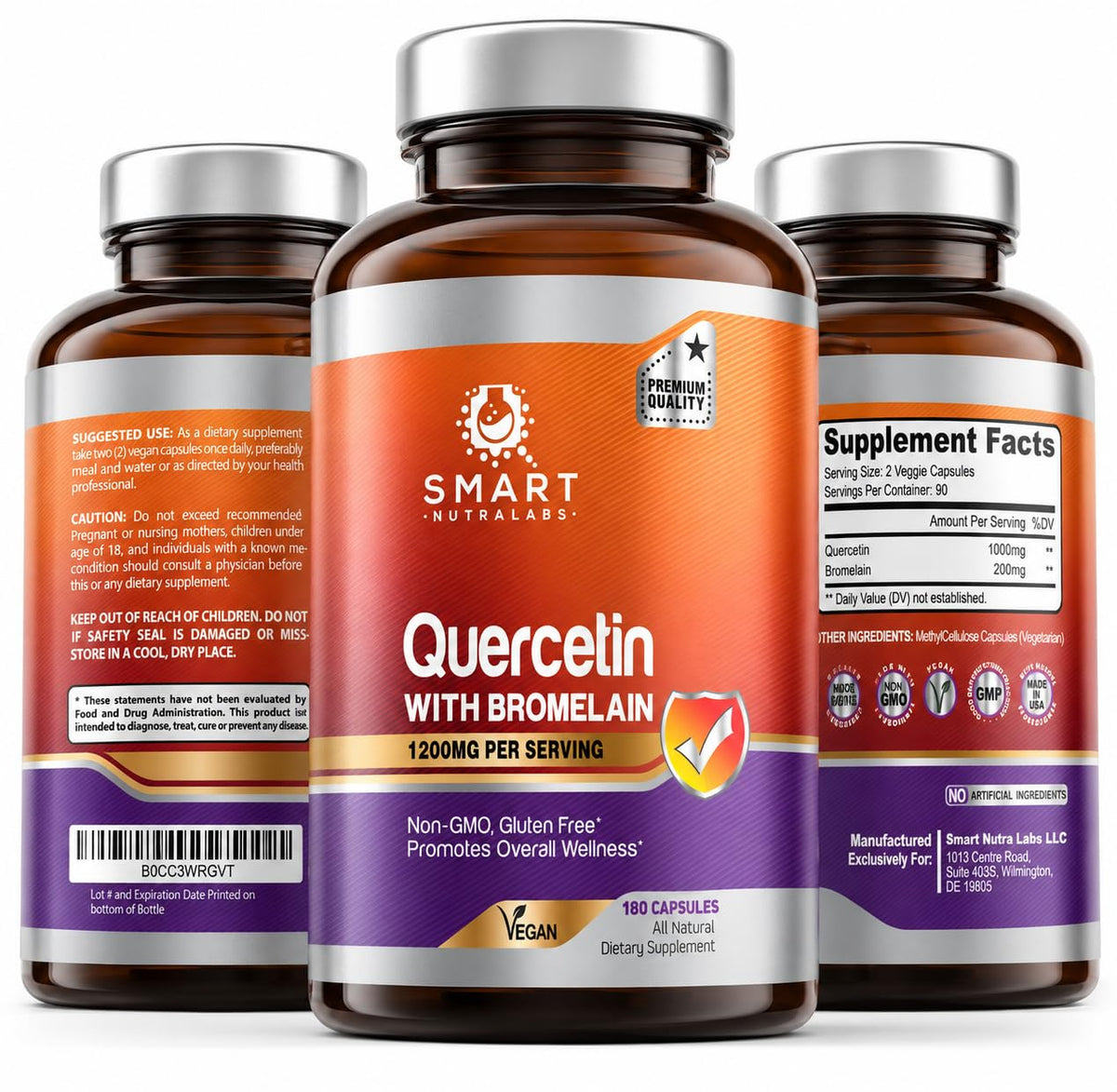 Smart Nutra Labs Quercetin 1000mg/1200mg with Bromelain 180 Capsules