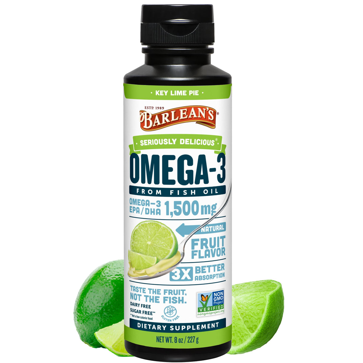 Barlean's Key Lime Pie Omega-3 Fish Oil Liquid 1500mg EPA & DHA - 8 Fl Oz