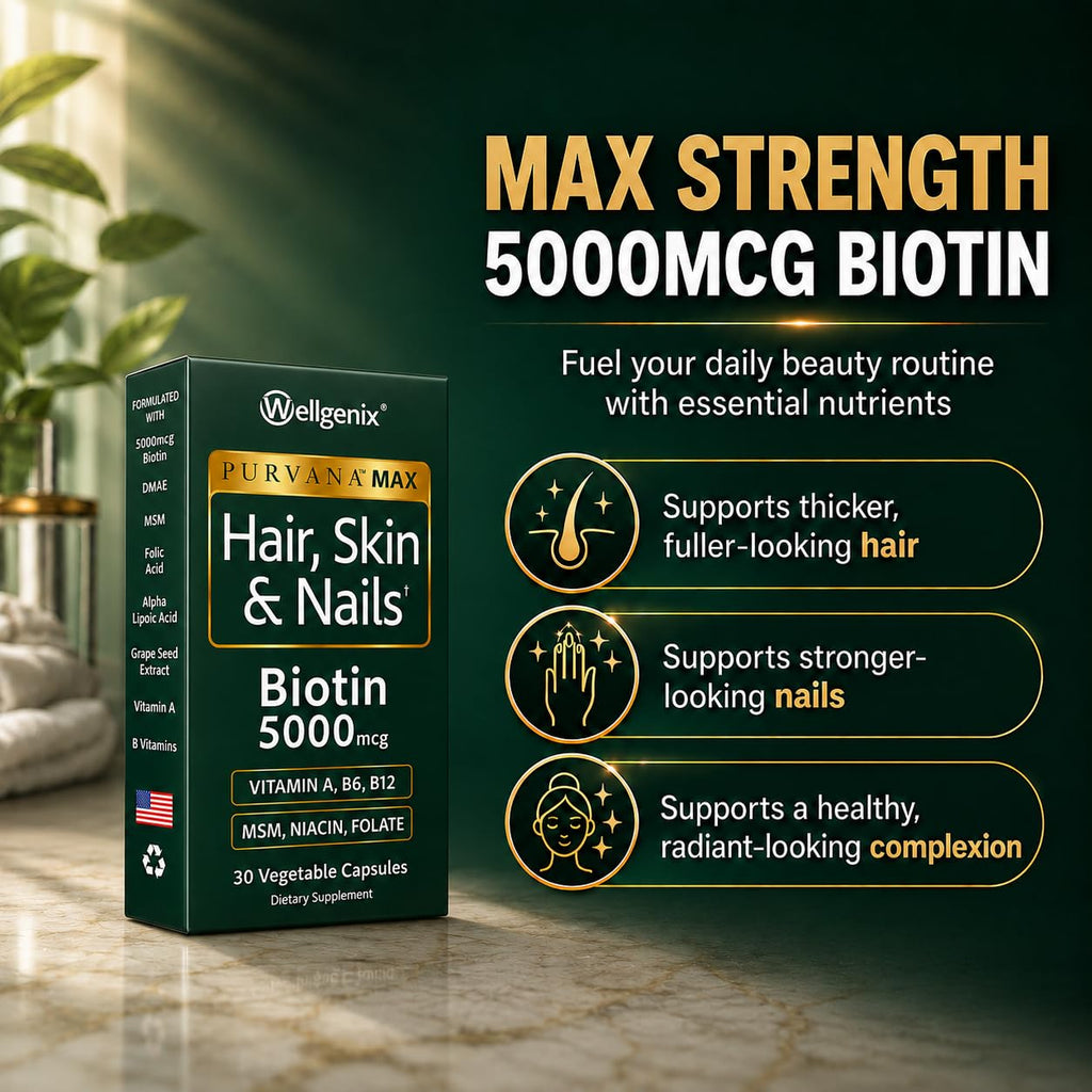 Wellgenix Purvana MAX Hair Skin & Nails Biotin 5000mcg - 60 Capsules - image 3