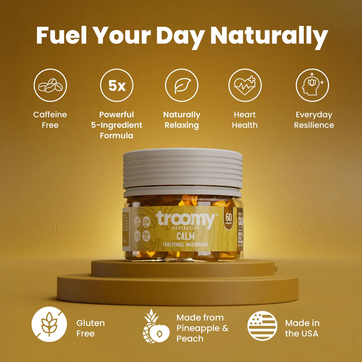 Troomy Reishi Calm Gummies Natural Pineapple Peach Flavor