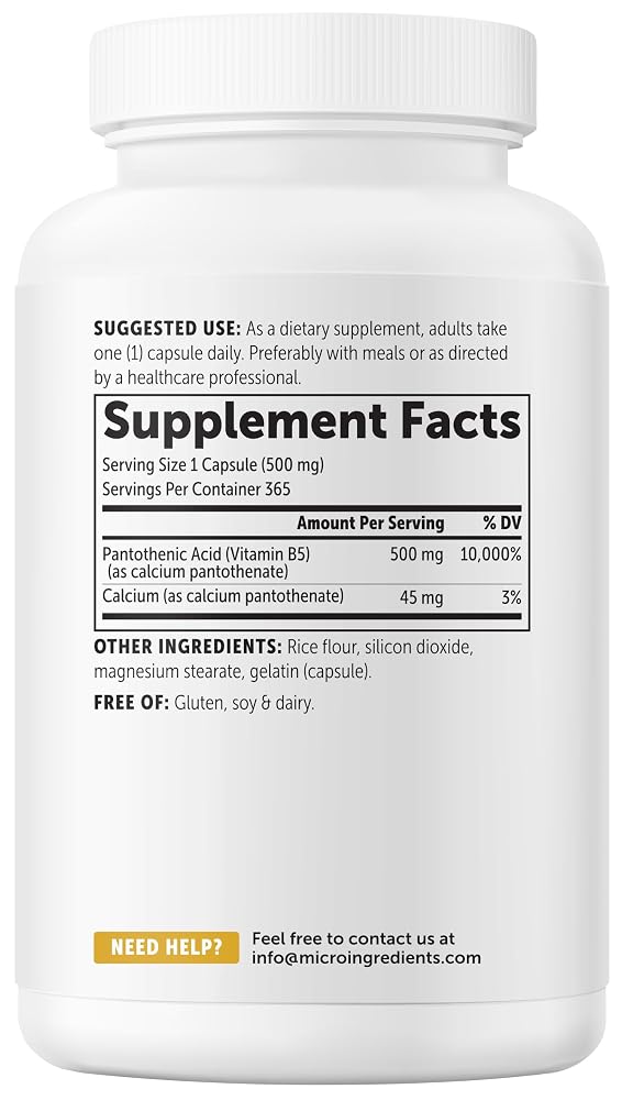 Micro Ingredients Pantothenic Acid 500mg Vitamin B5 - 365 Capsules - image 9