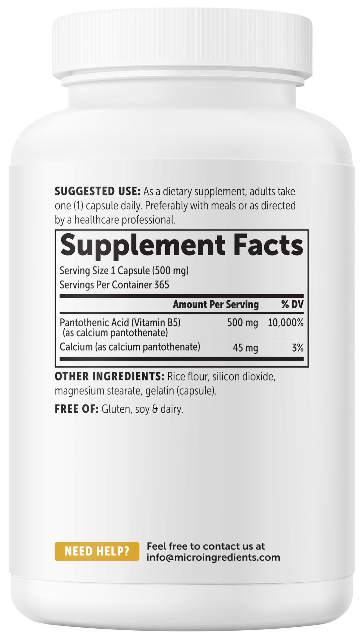 Micro Ingredients Pantothenic Acid 500mg Vitamin B5 - 365 Capsules - image 9