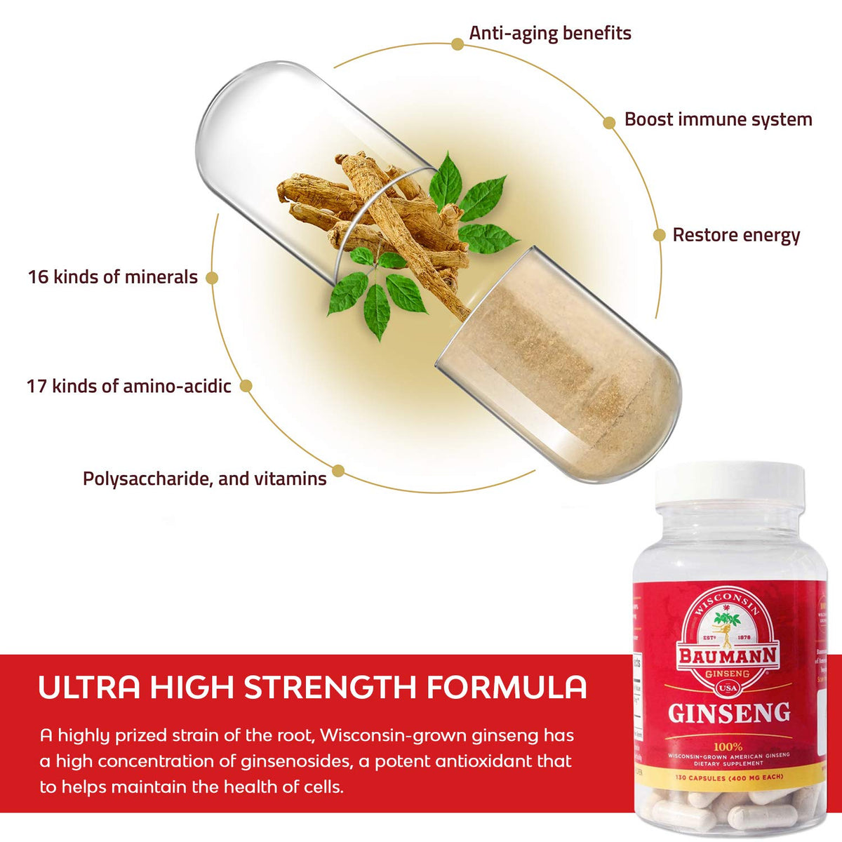 Baumann Wisconsin Ginseng 400 mg Capsules for Energy - 130 Capsules - image 4