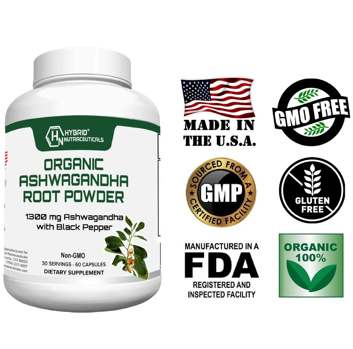 Hybrid Nutraceuticals Organic Ashwagandha 1300mg - 60 Capsules - image 3