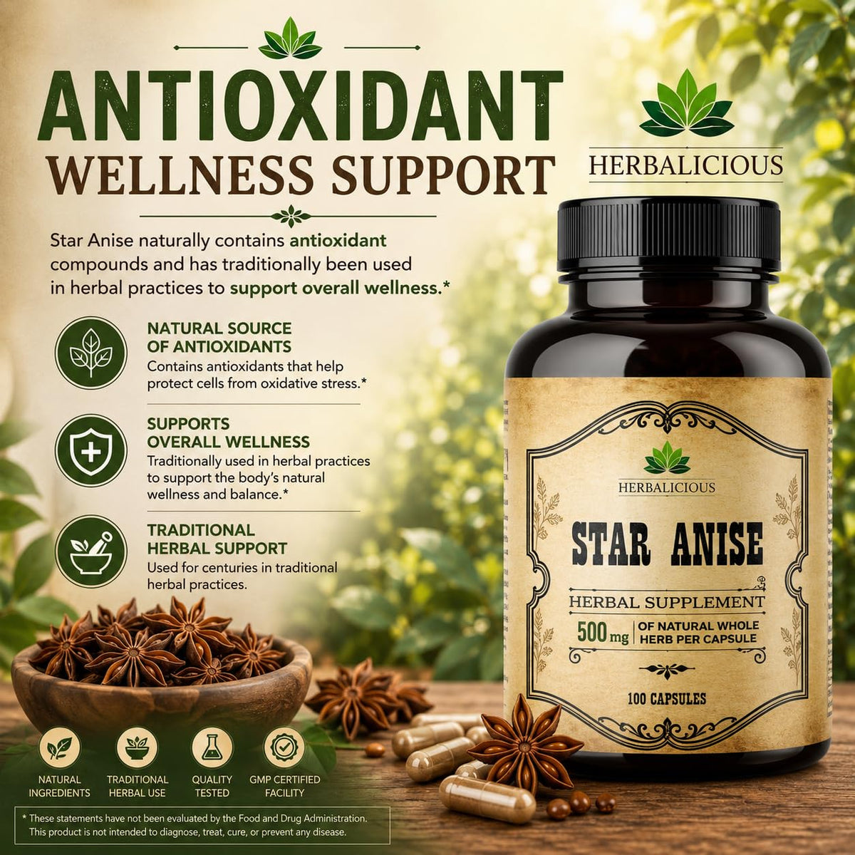 HERBALICIOUS Star Anise Supplement Organic 1000mg - 100 Capsules - image 4
