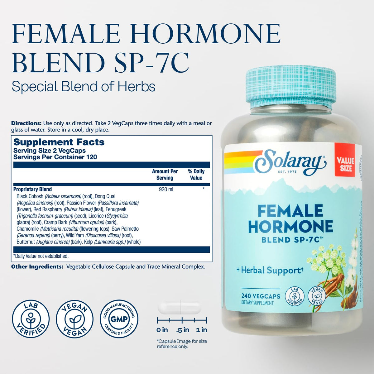 SOLARAY Female Hormone Blend SP-7C Herbal Support - 240 Vegetarian Capsules - image 2