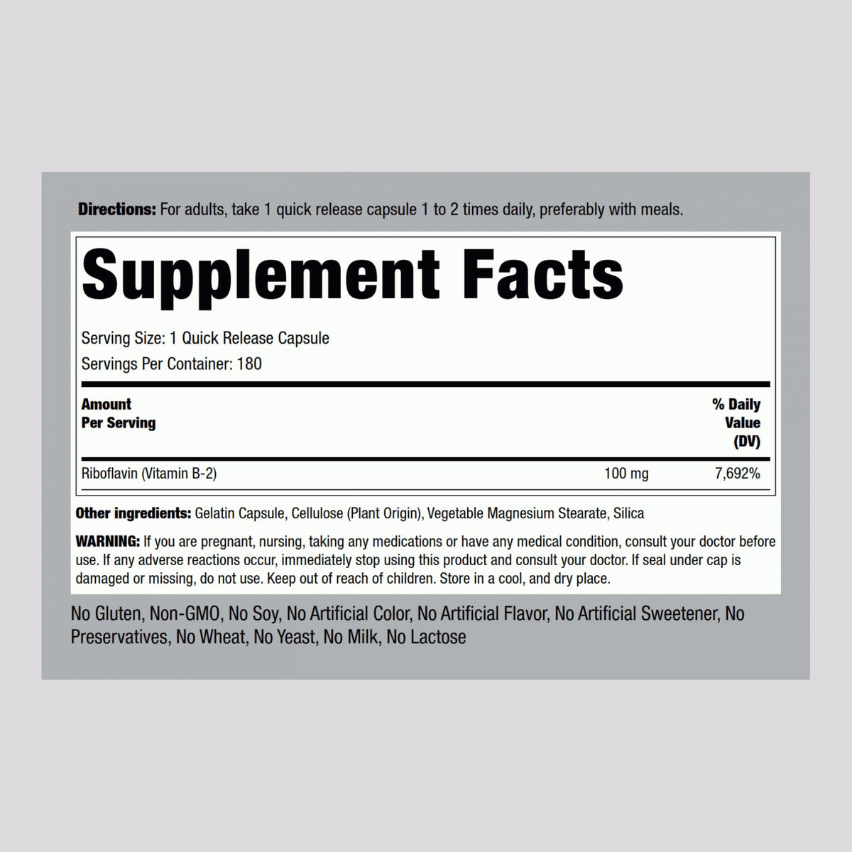 Piping Rock Vitamin B2 100mg Riboflavin - 180 Capsules - image 2