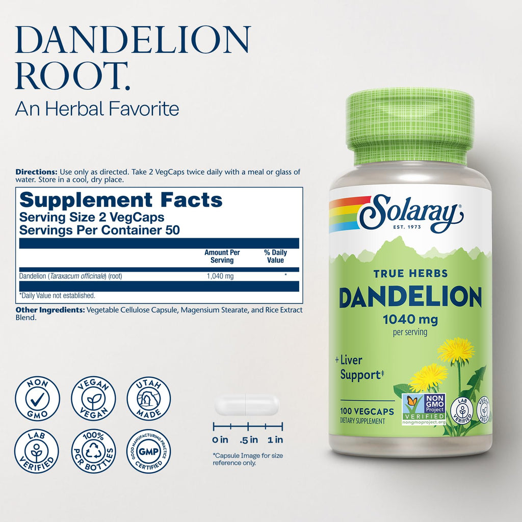 SOLARAY Dandelion Root Herbal Supplement - 100 Vegetarian Capsules - image 2