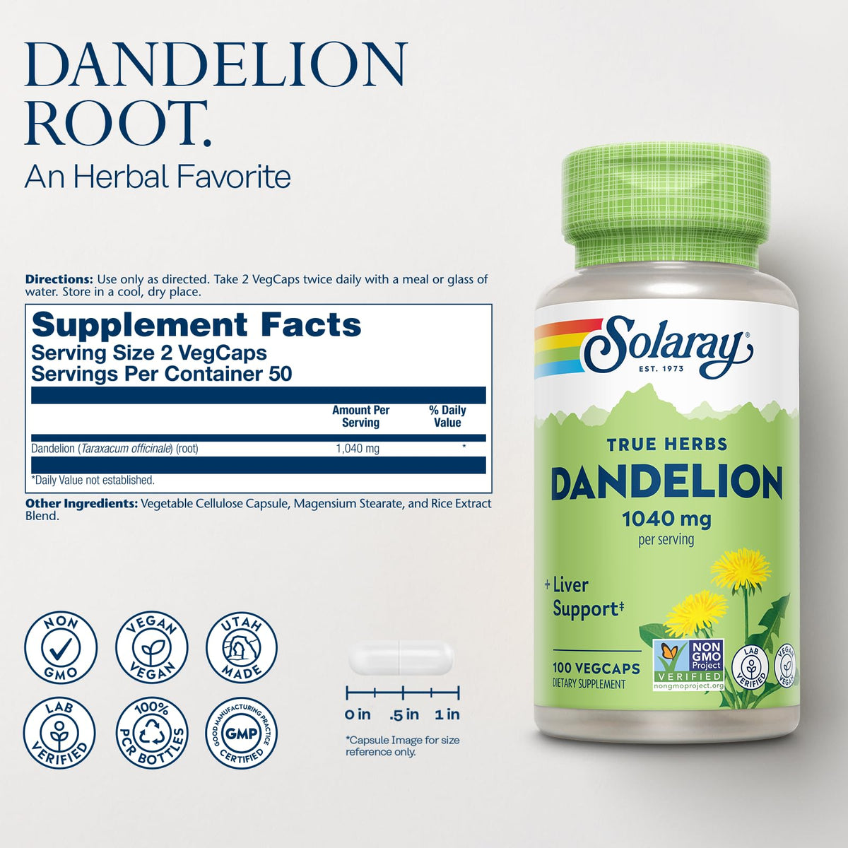 SOLARAY Dandelion Root Herbal Supplement - 100 Vegetarian Capsules - image 2