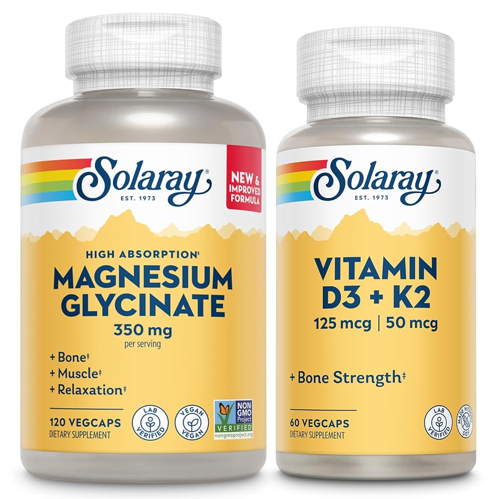 SOLARAY Magnesium Glycinate and Vitamin D3 K2 Bundle - 120 Vegetarian Capsules
