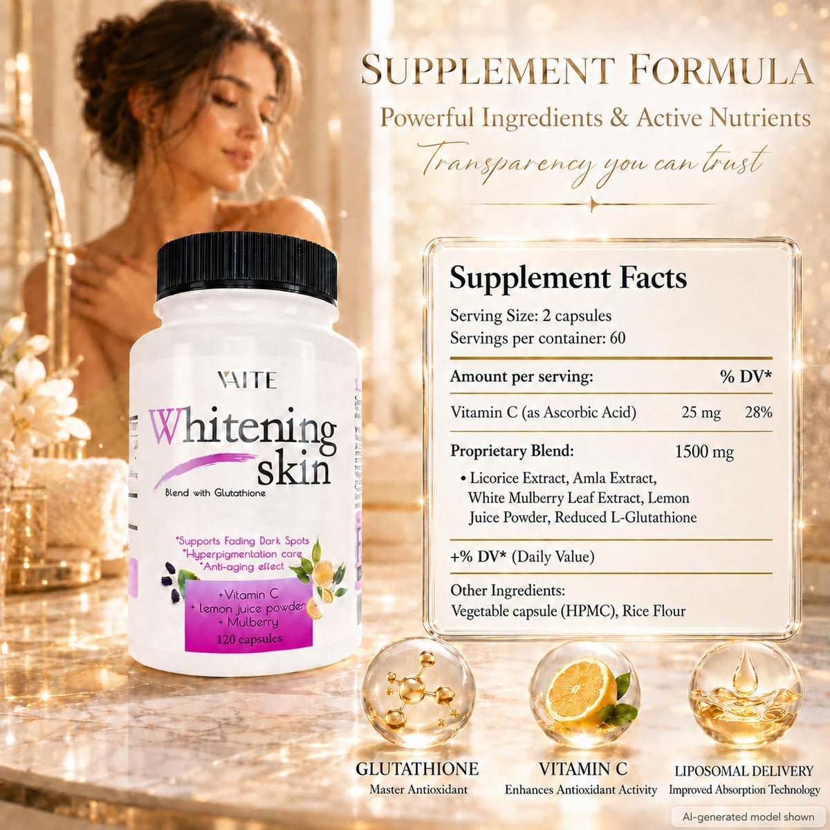 VAITE Glutathione Whitening Pills Skin Support - 120 Capsules - image 3