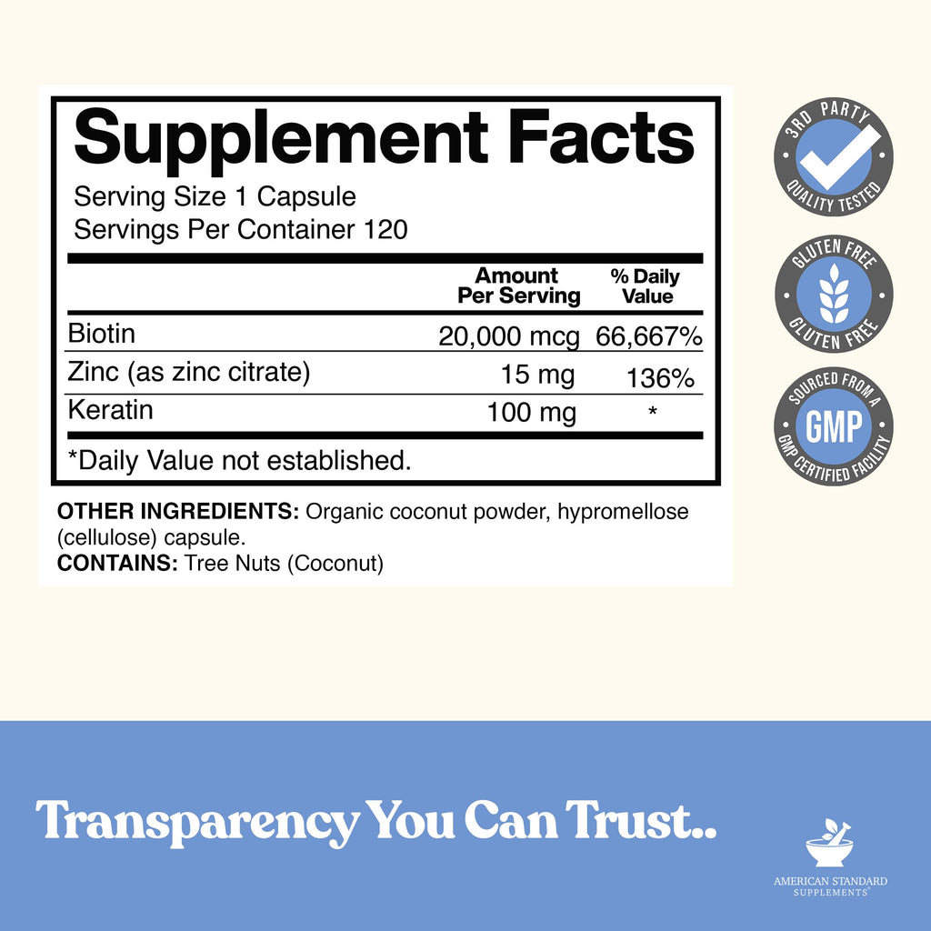American Standard Supplements Biotin 20,000mcg with Keratin & Zinc - image 2