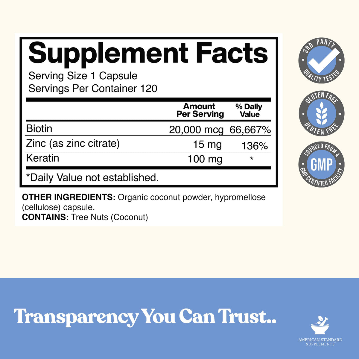American Standard Supplements Biotin 20,000mcg with Keratin & Zinc - image 2