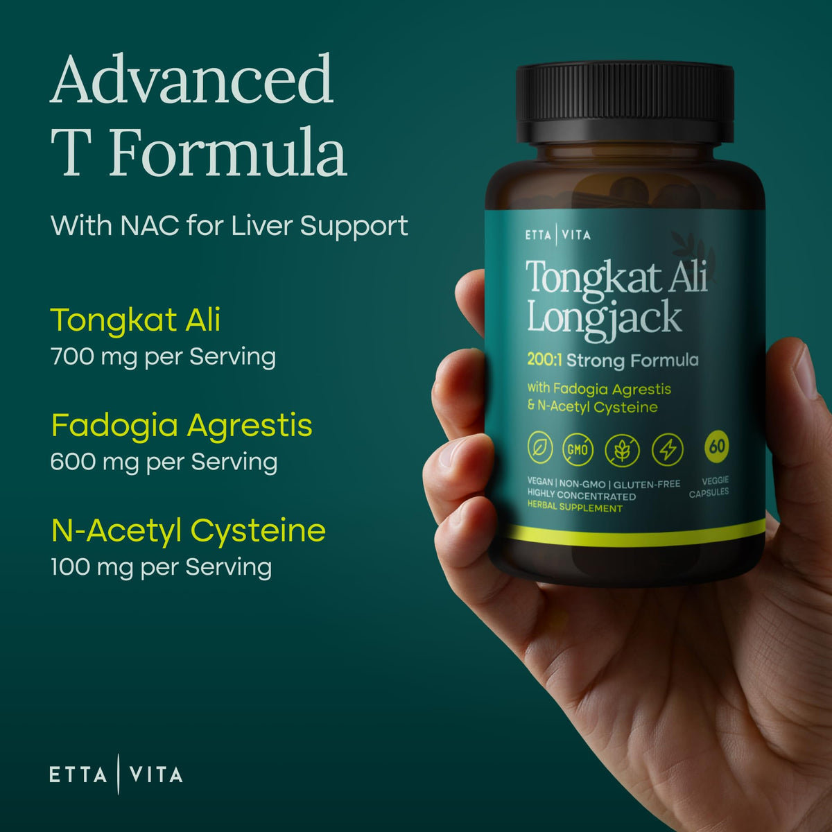 Etta Vita Testosterone Booster with Tongkat Ali & Fadogia Agrestis - 60 Capsules - image 2