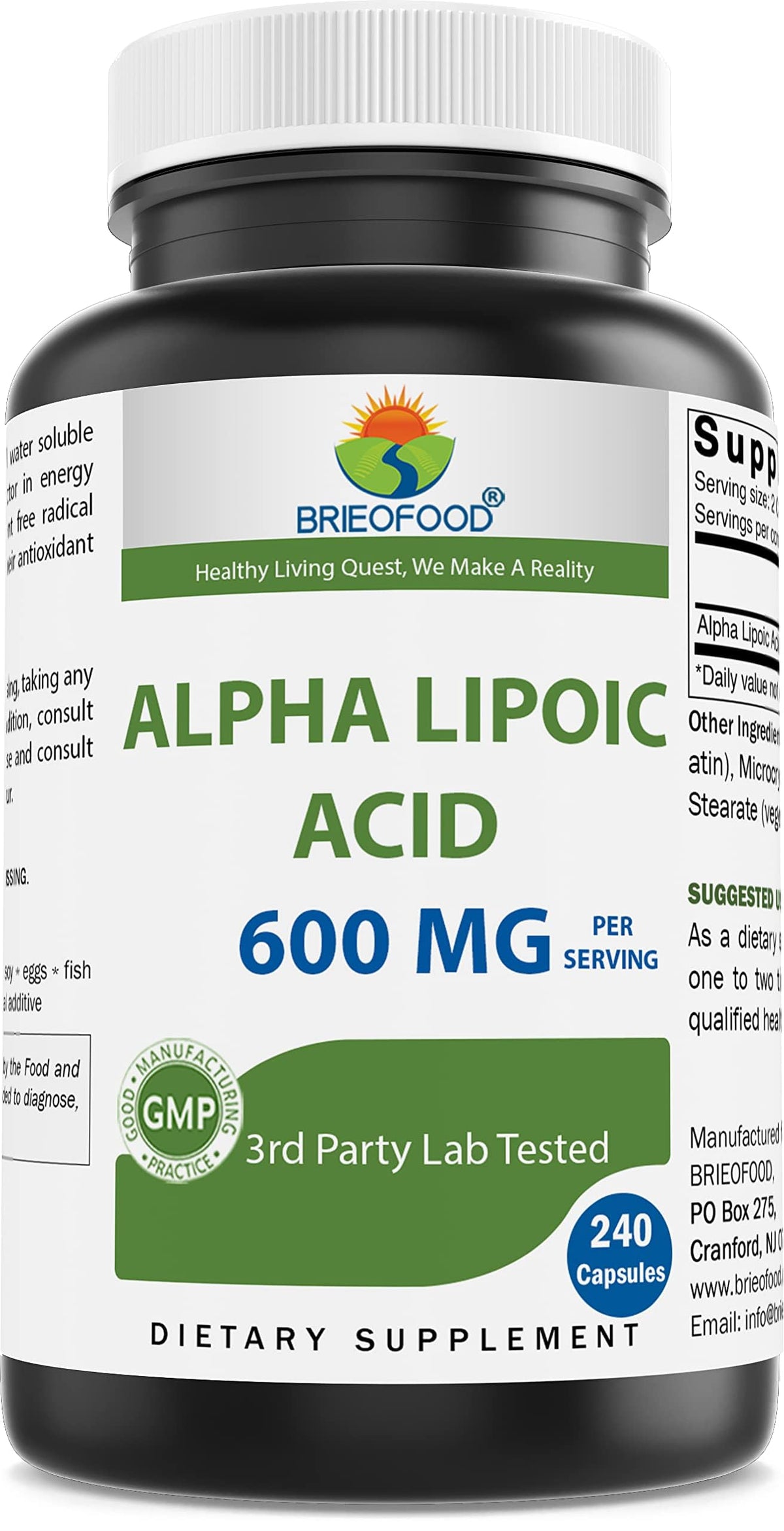 Brieofood Alpha Lipoic Acid 600mg Antioxidant - 240 Capsules