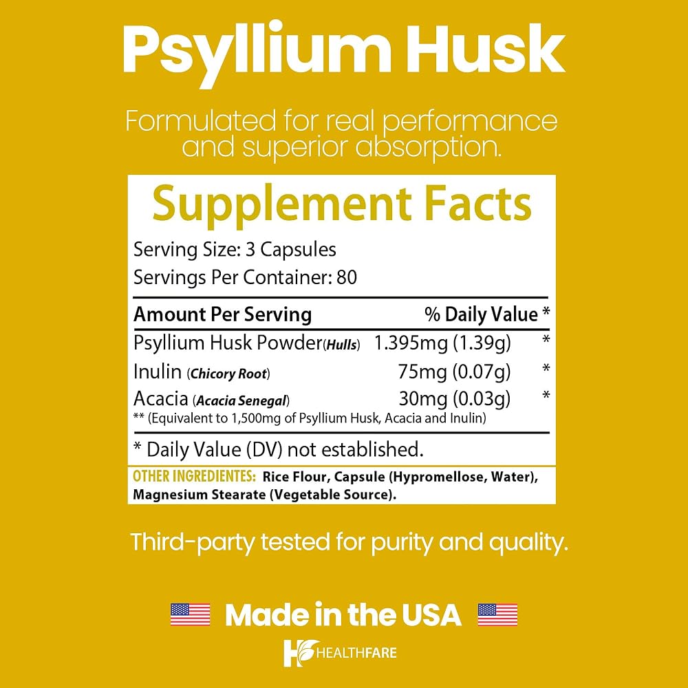 Healthfare Psyllium Husk Fiber 1500mg - 240 Vegan Capsules - image 3