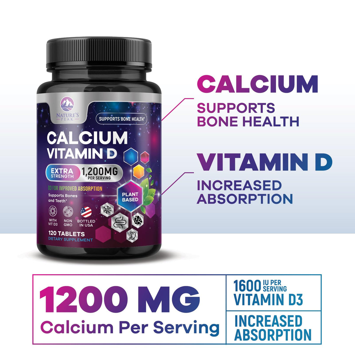Nature's Peak Calcium 1200 mg with Vitamin D3 - Bone Health Supplement