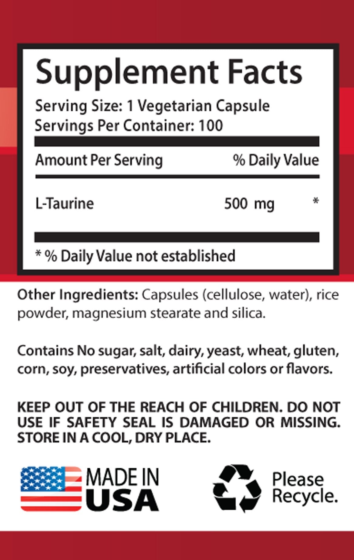 Health Solution Prime L-Taurine 500mg Amino Acid - 200 Capsules - image 2