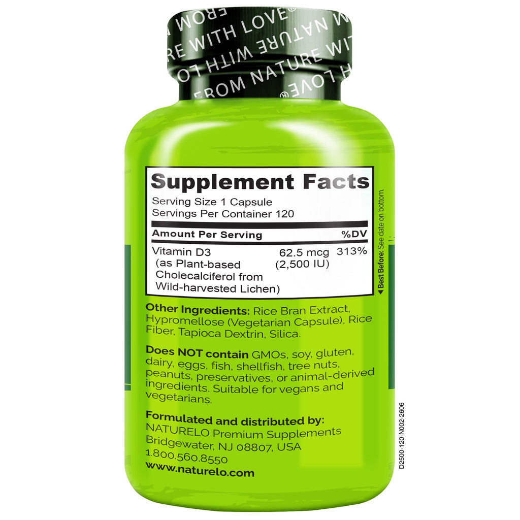 Naturelo Unflavored vitamin D3 Capsules bottle bone