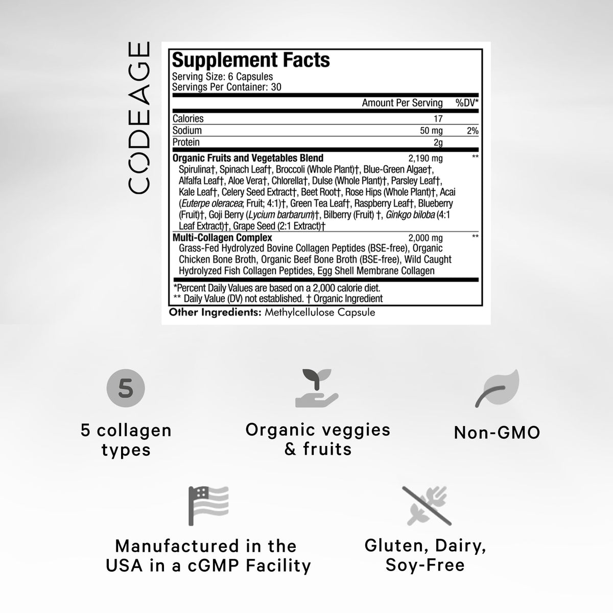 Codeage Multi Collagen Protein + Organic Raw Greens - 180 Capsules - image 2