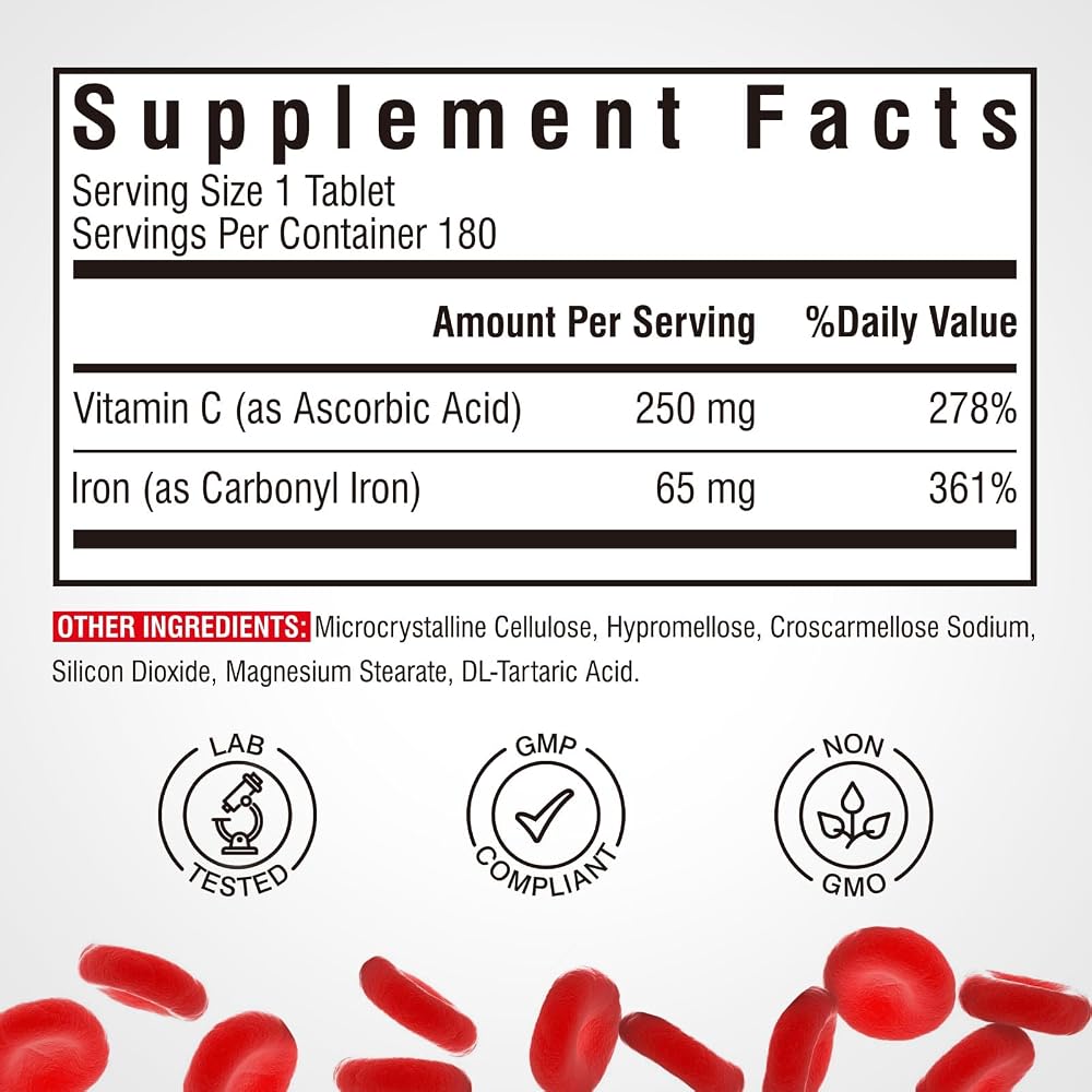 Vitalibre Iron Supplement, 65mg Carbonyl Iron with 250mg Vitamin C
