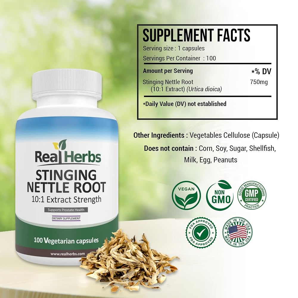 Real Herbs Stinging Nettle Root Extract 750mg - 100 Vegetarian Capsules - image 2