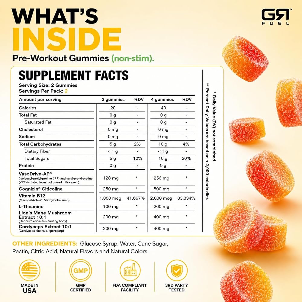 GR Fuel Non-Stim Pre Workout Gummies, Tropical Blast