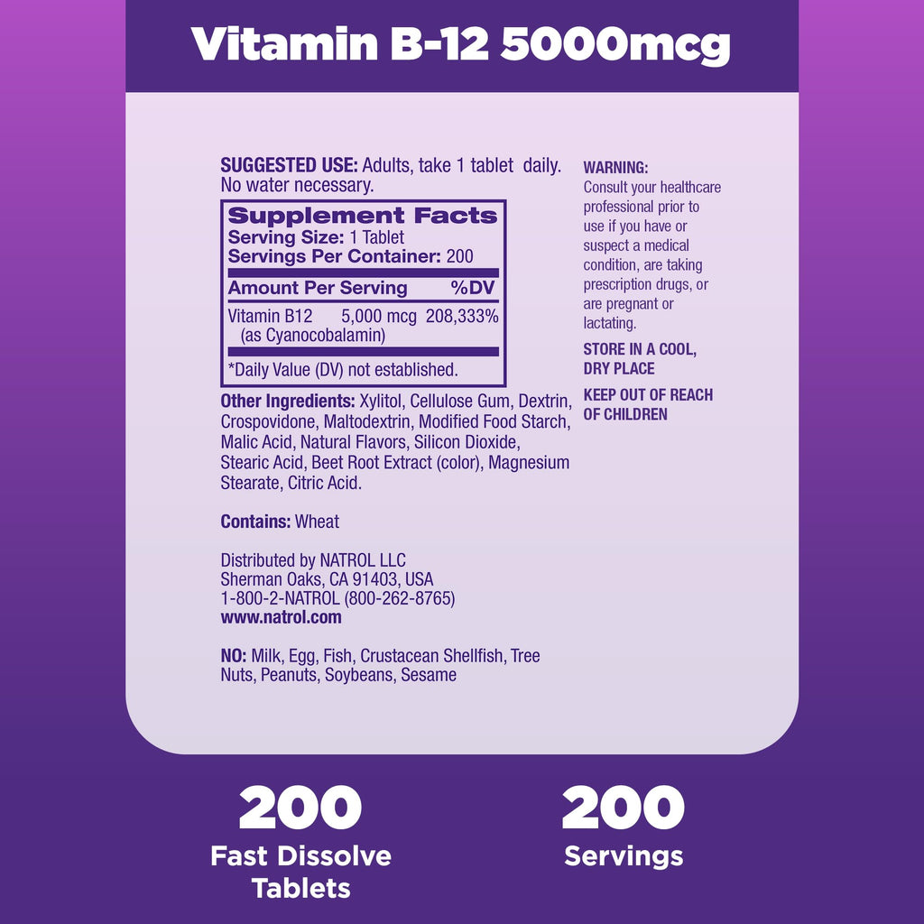 Natrol B12 5000 mcg Fast Dissolve Energy Metabolism - 200 Tablets - image 4