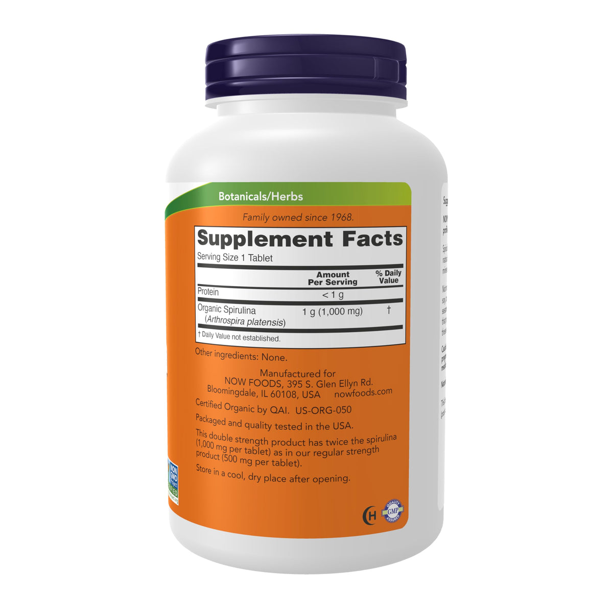 Now Supplements, Certified Organic, Spirulina 1000 mg (Double