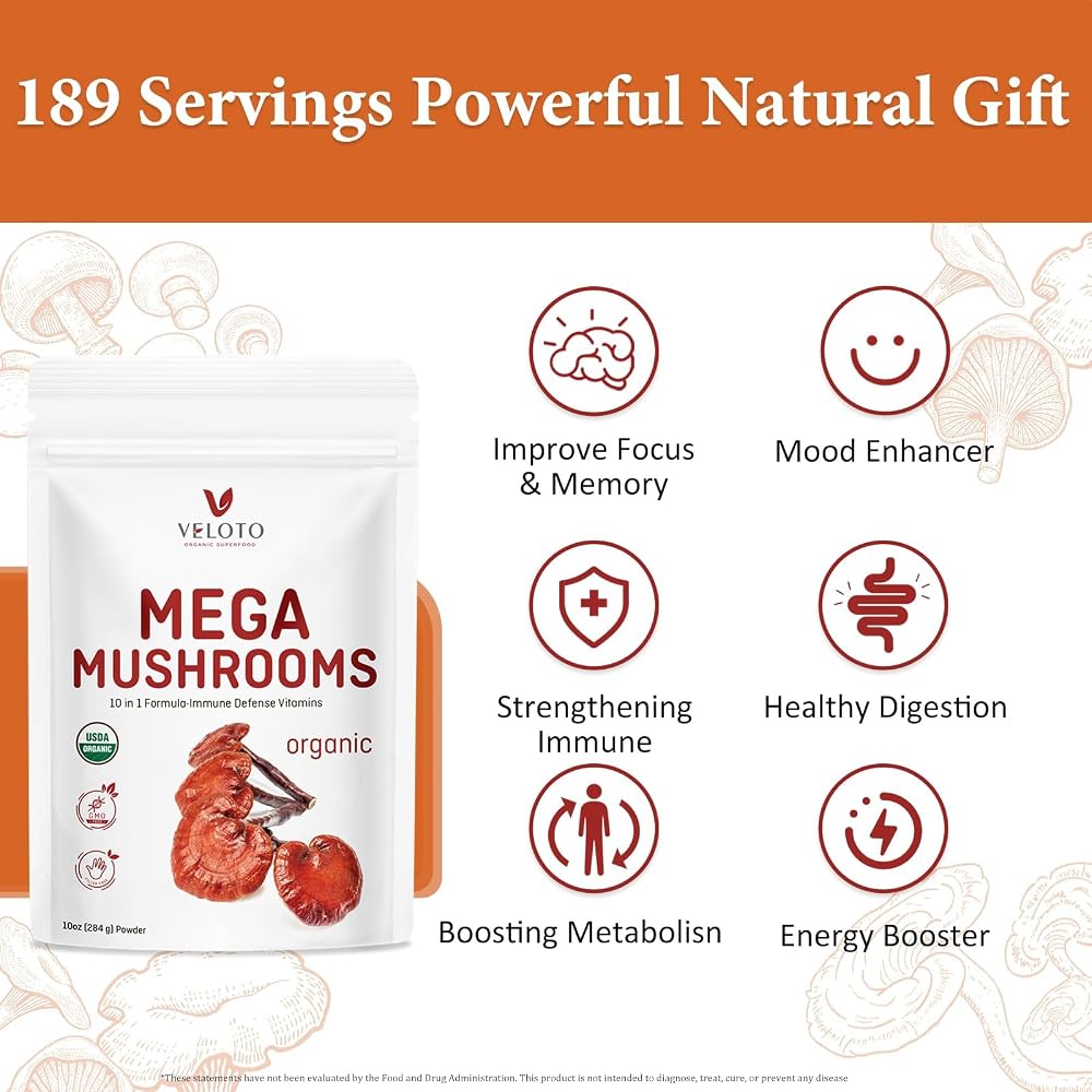 VELOTO Organic Mega Mushroom Powder Blend 10-in-1 - 10oz - image 5