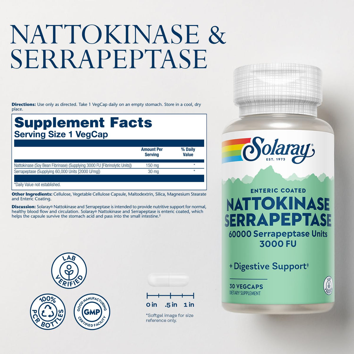 SOLARAY Nattokinase Serrapeptase - 30 Vegetarian Capsules - image 2