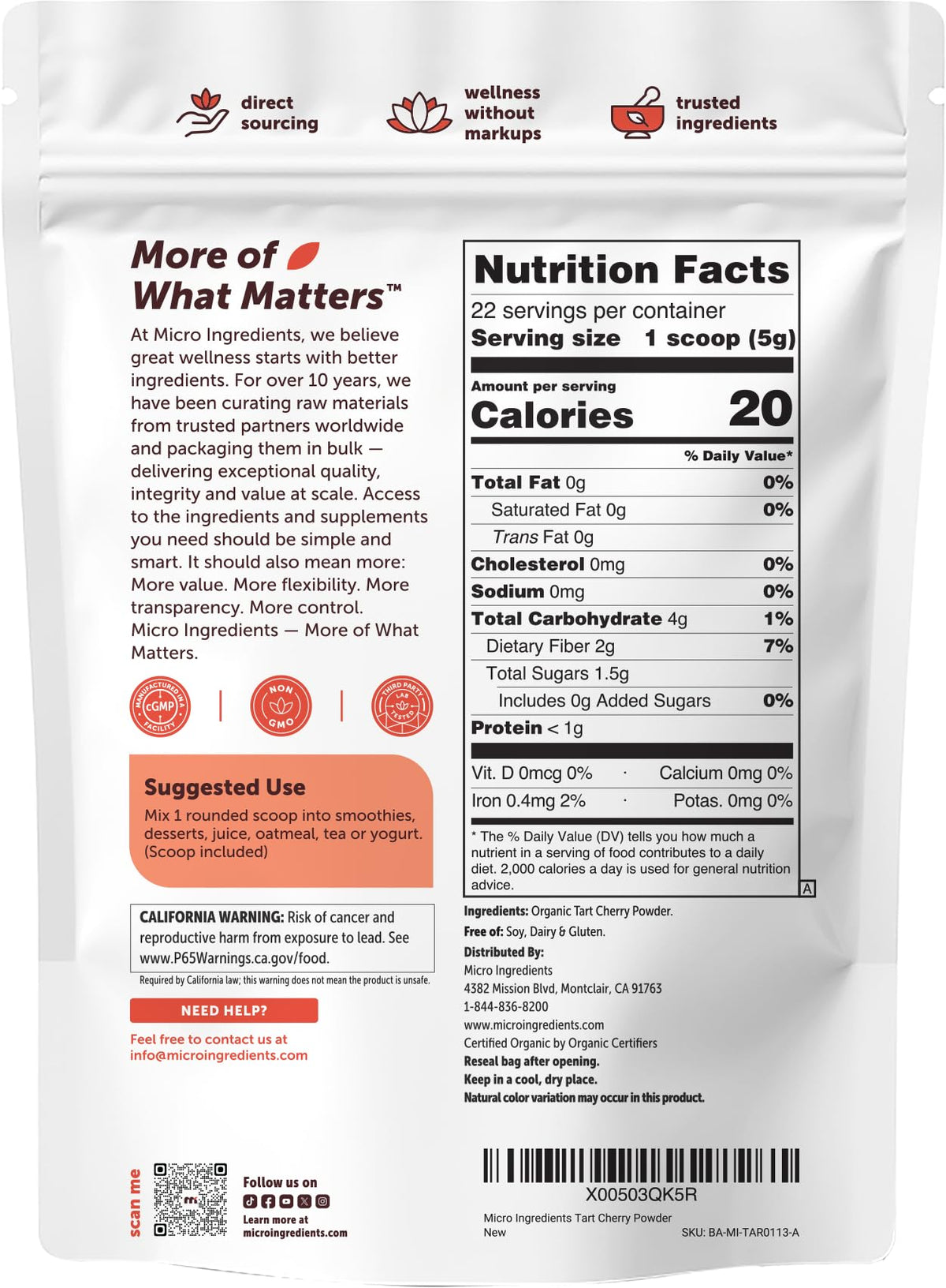 Micro Ingredients USDA Organic Tart Cherry Powder - 4 oz - image 2