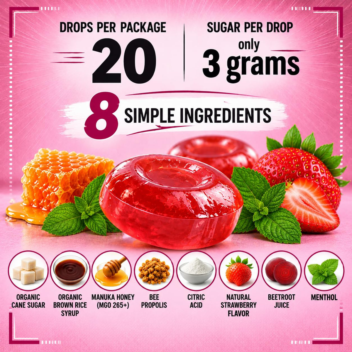 Vocal Eze Manuka Honey Strawberry Menthol Cough Drops - 20 Lozenges - image 3
