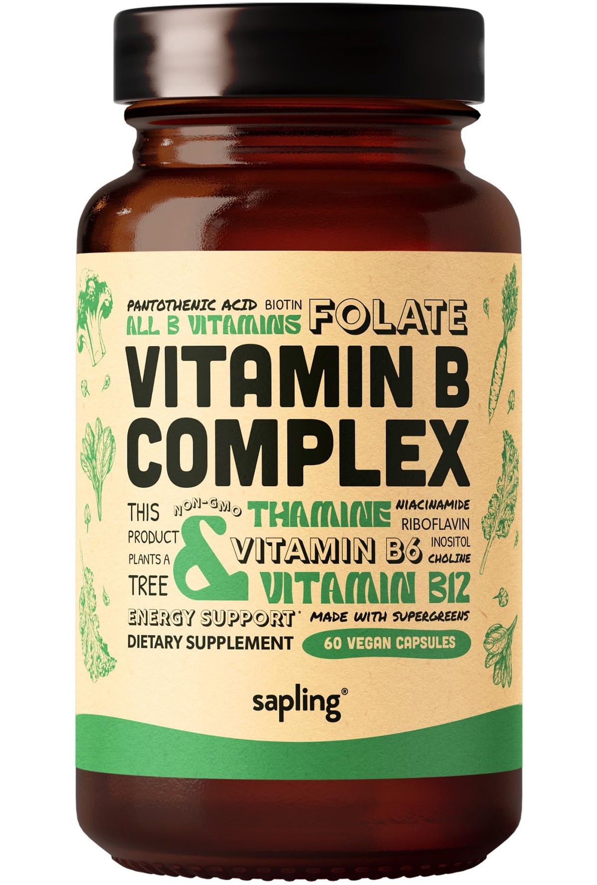 sapling Vegan Vitamin B Complex Whole Food Blend - 60 Capsules