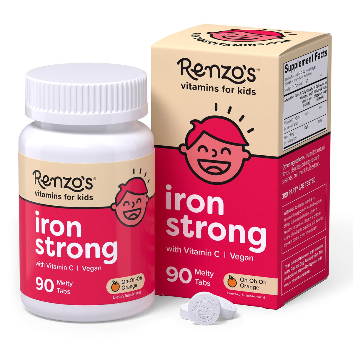 Renzo's Iron Supplement for Kids, Dissolvable Melty Tabs - 90 Count