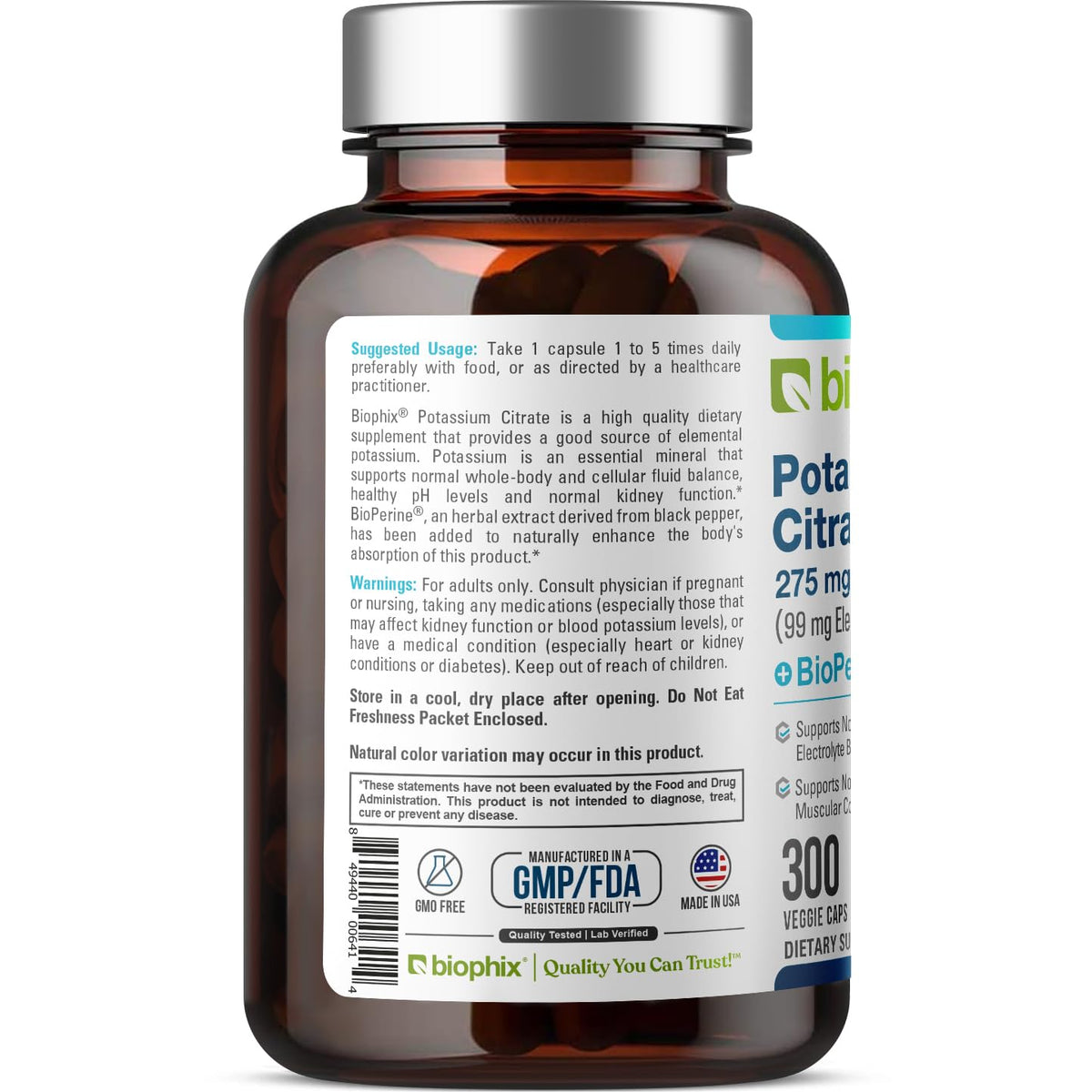 biophix Potassium Citrate 275 mg with BioPerine - 300 Vegetarian Capsules - image 3