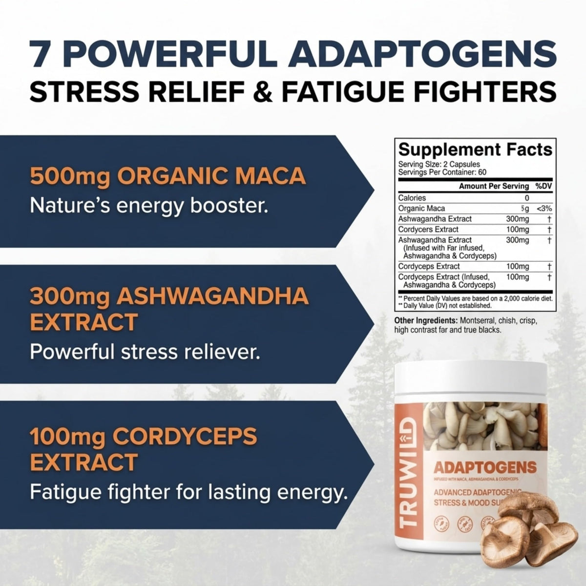 TruWild Adaptogens Vegan Capsule Supplement w/Ashwagandha + Maca