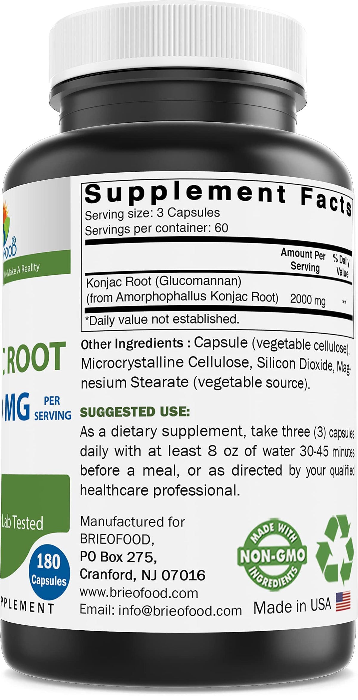 Brieofood Konjac Root Glucomannan 2000 mg - 180 Vegetarian Capsules - image 2